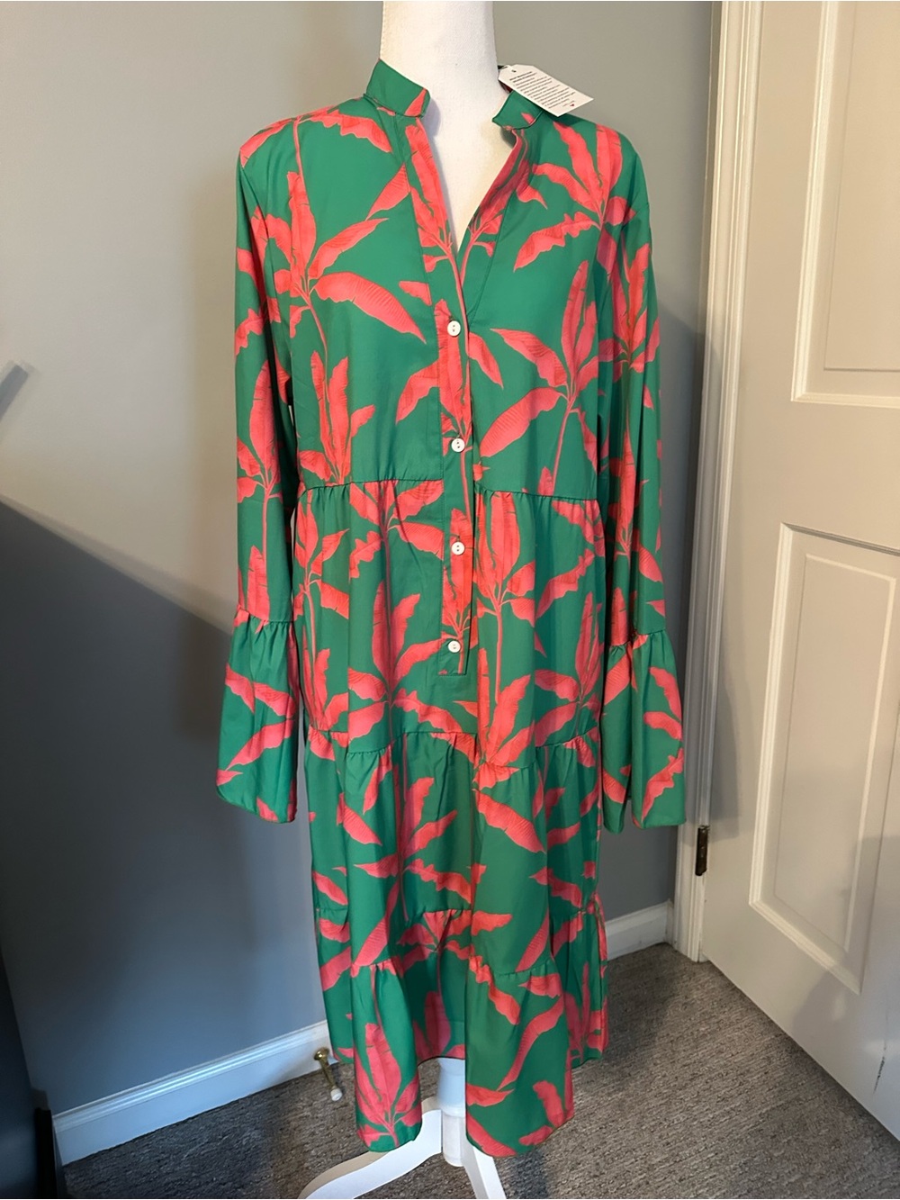 Green Shirt Dress with Pink Leaf Print